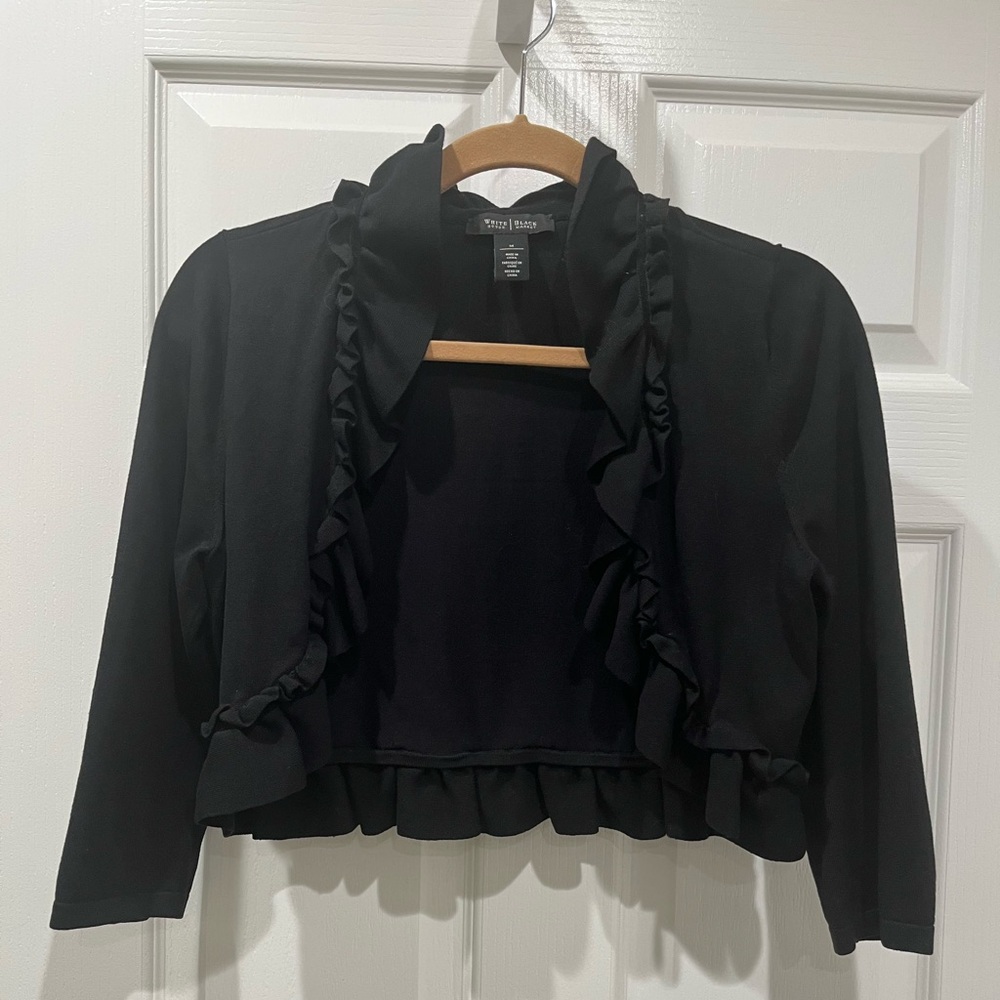 White House Black Market, EUC, black shrug with ruffle.